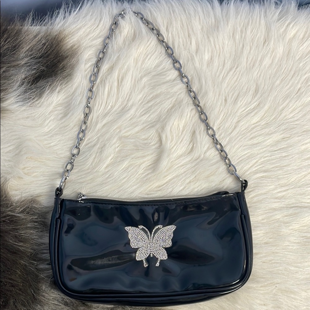 Black Patent Leather Bag with Butterfly Accent